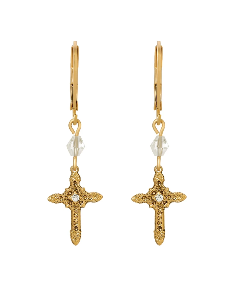 Symbols of Faith 14K Gold Dipped Glass Crystal Gold Cross Leverback Earrings
