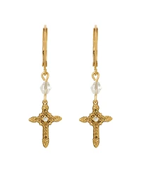 Symbols of Faith 14K Gold Dipped Glass Crystal Gold Cross Leverback Earrings