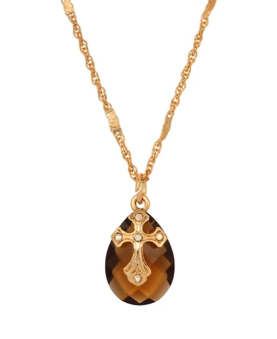 Symbols of Faith 14k Gold Dipped Smoke Topaz Oval Glass Drop Crystal Cross 16"+3" Necklace
