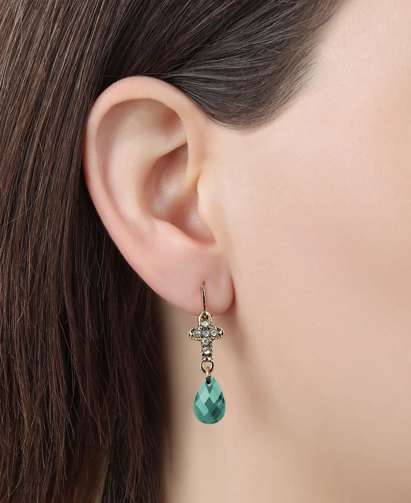 Symbols of Faith Gold Tone Crystal Cross With Clear Glass Drop Leverback Earrings