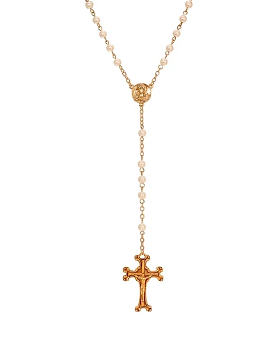 Symbols of Faith 14K Gold Dipped Crucifix Faux Pearl Glass Bead Rosary Necklace