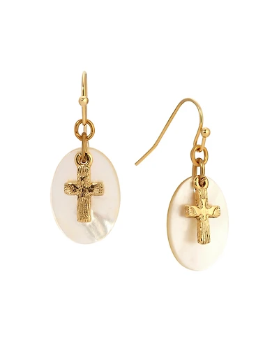 Symbols of Faith Gold Tone Cross Mother Of Pearl Wire Earrings