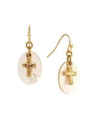 Symbols of Faith Gold Tone Cross Mother Of Pearl Wire Earrings
