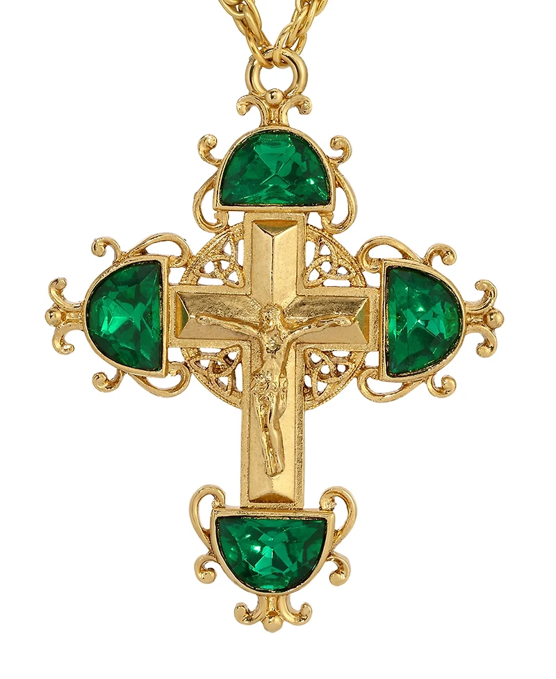 Symbols of Faith Gold-Tone Cross Emerald Green Crystals 28" Necklace