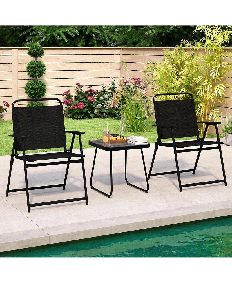 Gymax 3-Piece Patio Furniture Set Folding Fabric Chairs and Marble-Like Top Coffee Table