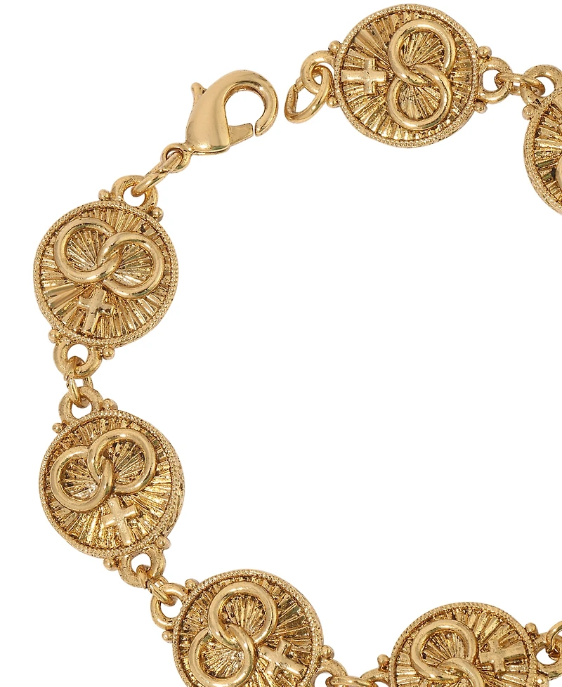 Symbols of Faith Gold-Tone Two Rings and Cross Medallion Wedding Bracelet