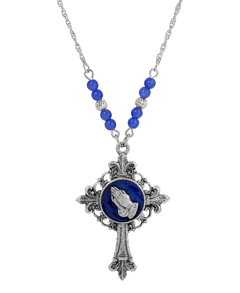 Symbols of Faith Silver-Tone Cross Blue Enamel Praying Hands 18" Necklace
