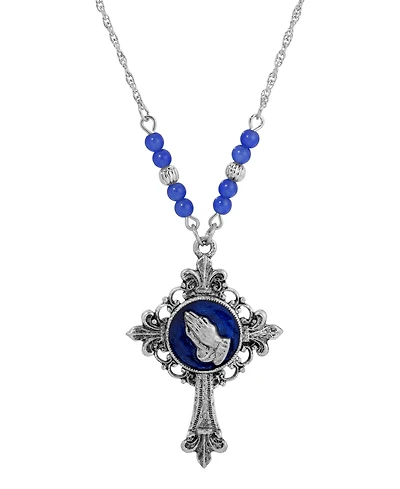 Symbols of Faith Silver-Tone Cross Blue Enamel Praying Hands 18" Necklace