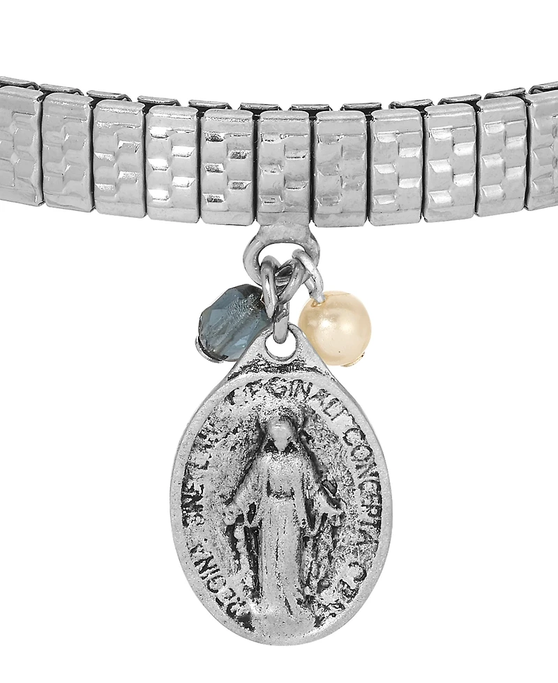 Symbols of Faith Silver Tone Oval Miraculous Medal Charm Pearl Montana Bead Stretch Bracelet