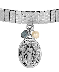 Symbols of Faith Silver Tone Oval Miraculous Medal Charm Pearl Montana Bead Stretch Bracelet