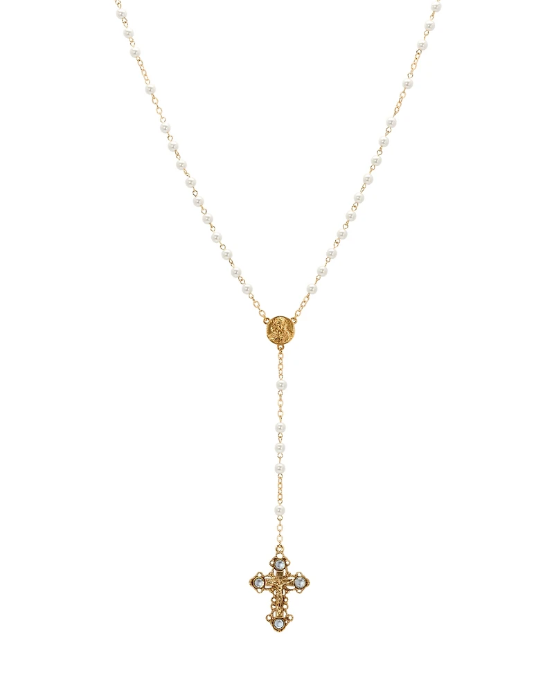 Symbols of Faith Gold-Tone Crucifix Sapphire Stones Imitation Pearl Beaded Chain Rosary