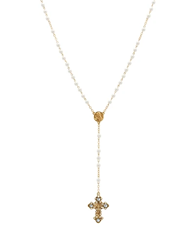 Symbols of Faith Gold-Tone Crucifix Sapphire Stones Imitation Pearl Beaded Chain Rosary