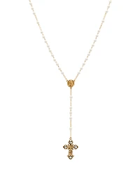 Symbols of Faith Gold-Tone Crucifix Sapphire Stones Imitation Pearl Beaded Chain Rosary