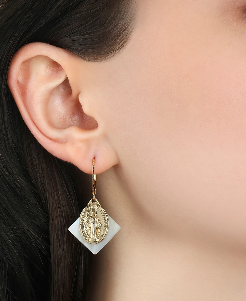 Symbols of Faith Gold Tone Mother Of Pearl Miraculous Medal Leverback Earrings