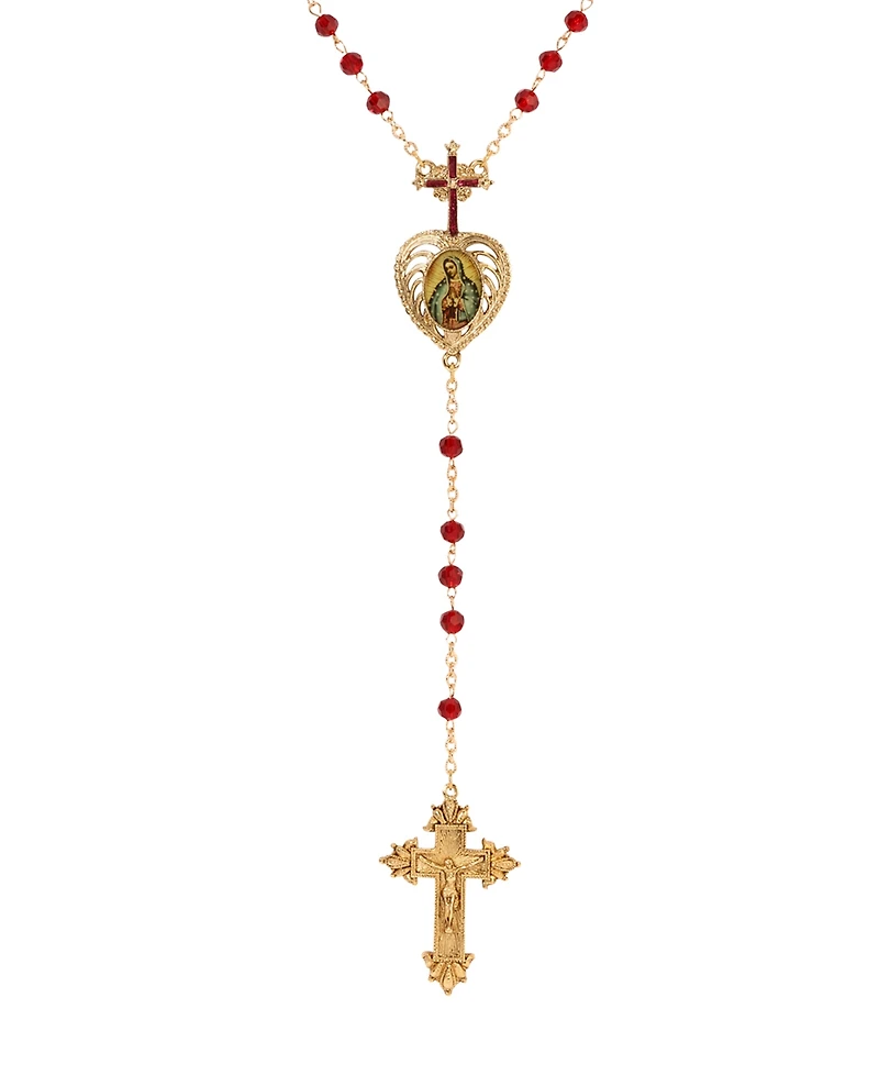 Symbols of Faith Gold Tone Cross Heart Lady Of Guadalupe Decal Red Bead Chain Rosary Necklace