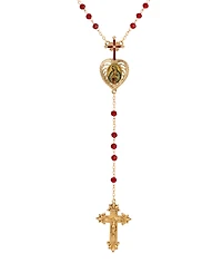 Symbols of Faith Gold Tone Cross Heart Lady Of Guadalupe Decal Red Bead Chain Rosary Necklace