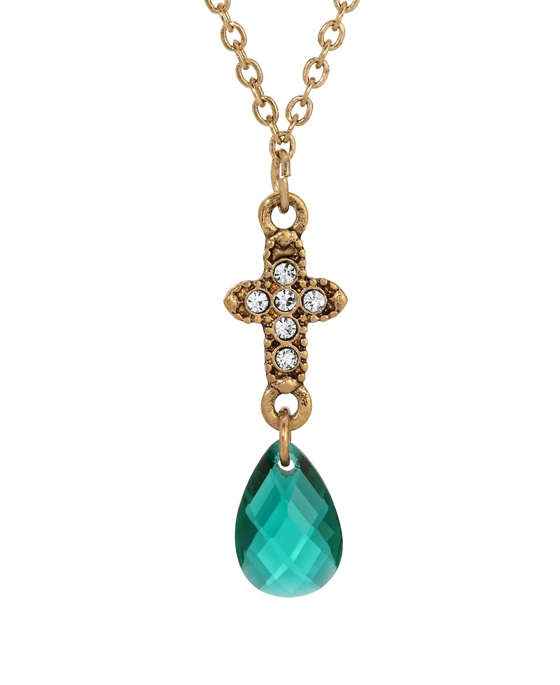 Symbols of Faith Gold-Tone Cross Clear Crystals Clear Briolette Drop 16" Necklace