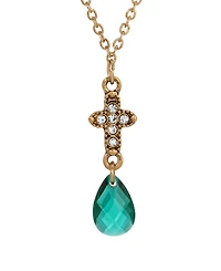 Symbols of Faith Gold-Tone Cross Clear Crystals Clear Briolette Drop 16" Necklace