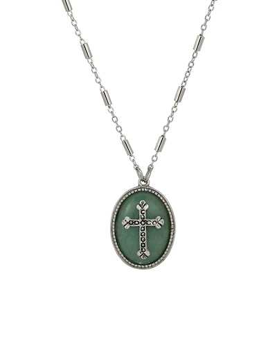 Symbols of Faith Silver-Tone Oval Adventurine Stone Pewter Cross 18" Necklace