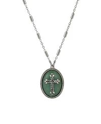 Symbols of Faith Silver-Tone Oval Adventurine Stone Pewter Cross 18" Necklace