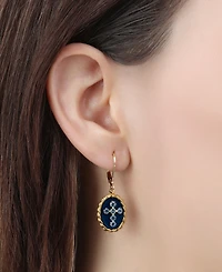 Symbols of Faith 14K Gold Dipped Blue Enamel Lt Sapphire Crystals Cross Leverback Earrings