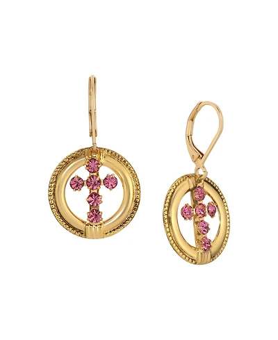 Symbols of Faith 14K Gold Dipped Green Peridot Crystal Cross Leverback Earrings