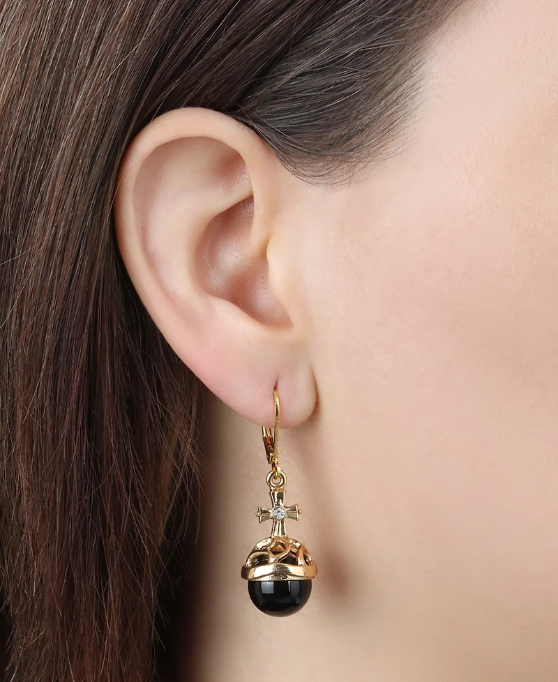 Symbols of Faith 14K Gold Dipped Faux Pearl Stone Clear Crystal Cross Leverback Earrings