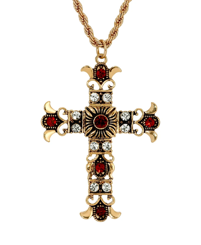 Symbols of Faith Gold-Tone Cross Clear Crystals Siam Beads 16"+3" Necklace