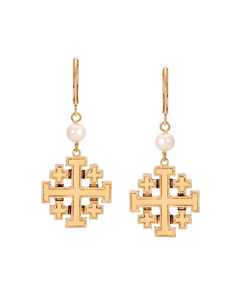 Symbols of Faith Gold Tone Faux Pearl Bead Jerusalem Cross Leverback Earrings