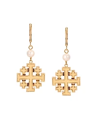 Symbols of Faith Gold Tone Faux Pearl Bead Jerusalem Cross Leverback Earrings