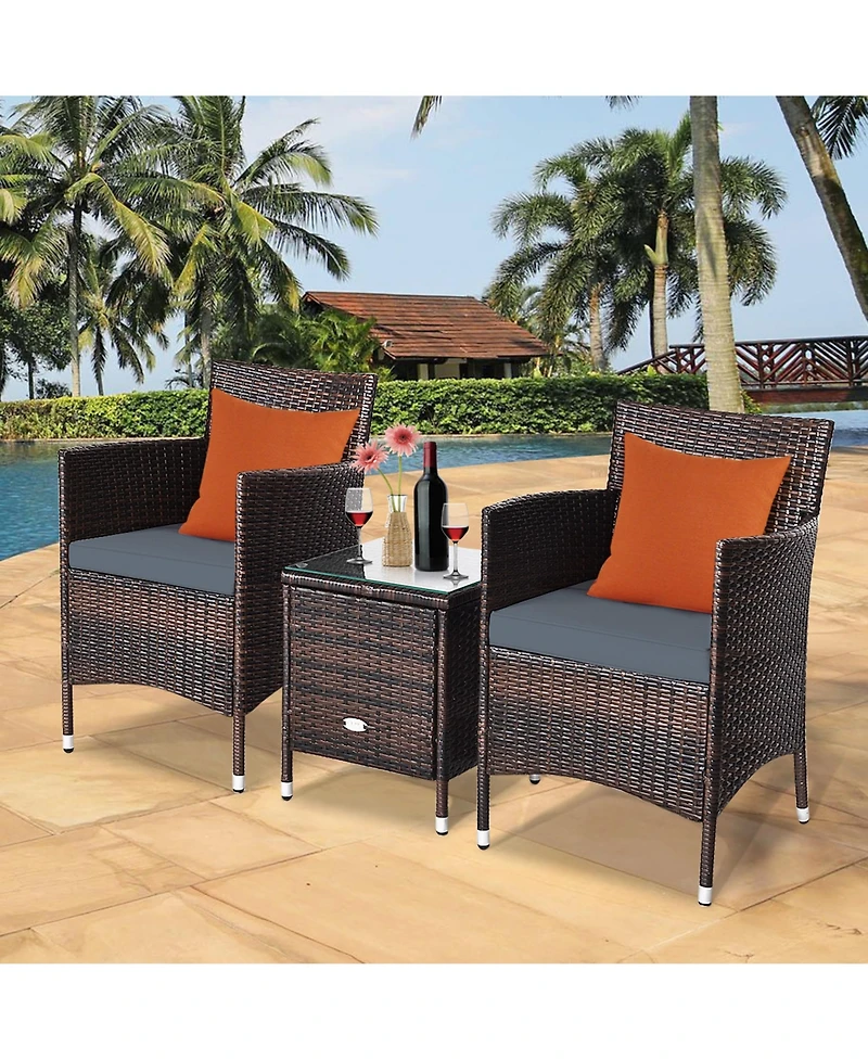 Gymax 3PCS Patio Rattan Chair & Table Furniture Set Outdoor w/ Beige Cushion