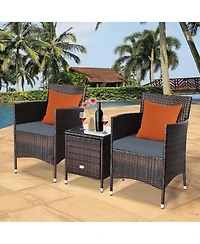 Gymax 3PCS Patio Rattan Chair & Table Furniture Set Outdoor w/ Beige Cushion