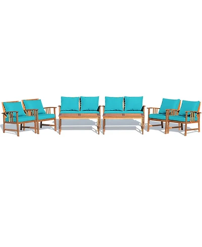Gymax 8pcs Wooden Patio Furniture Set Table and Sectional Sofa w/ Turquoise Cushion