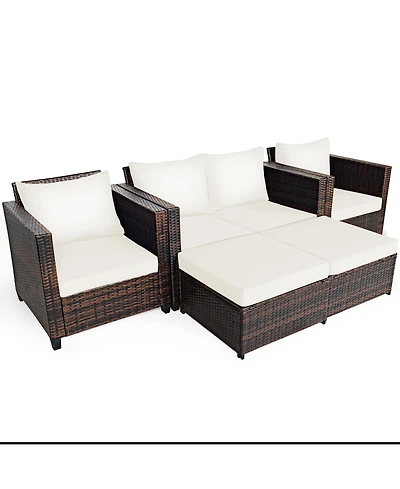 Gymax 5PCS Outdoor Patio Rattan Conversation Sofa Furniture Set