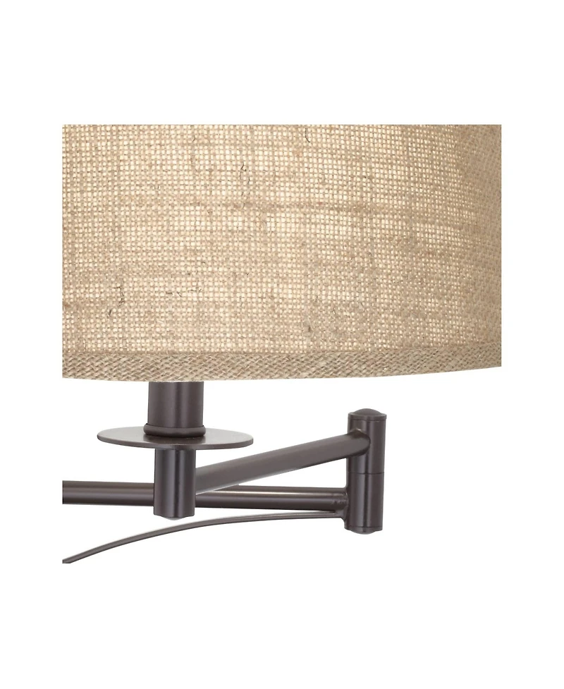Franklin Iron Works Brinly Farmhouse Rustic Swing Arm Wall Lamps Set of 2 Matte Brown Metal Plug-in Light Fixture Burlap Shade for Bedroom Living Room