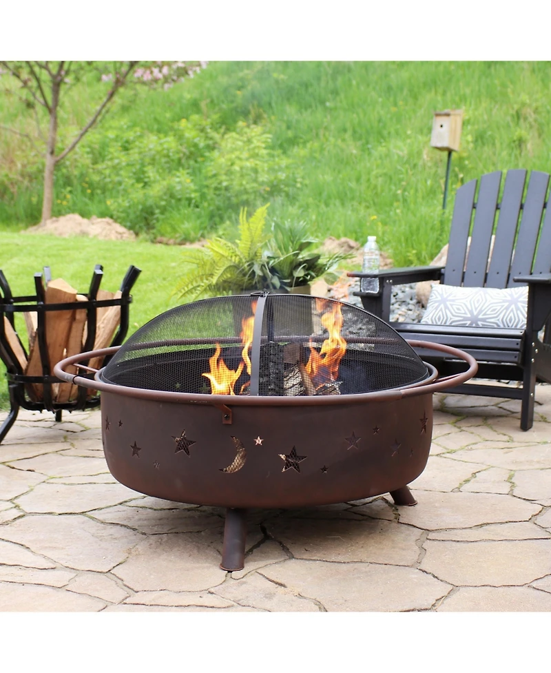 Outdoor Camping or Backyard Steel Round Cosmic Fire Pit with Spark Screen and Log Poker - 41.5" - Black