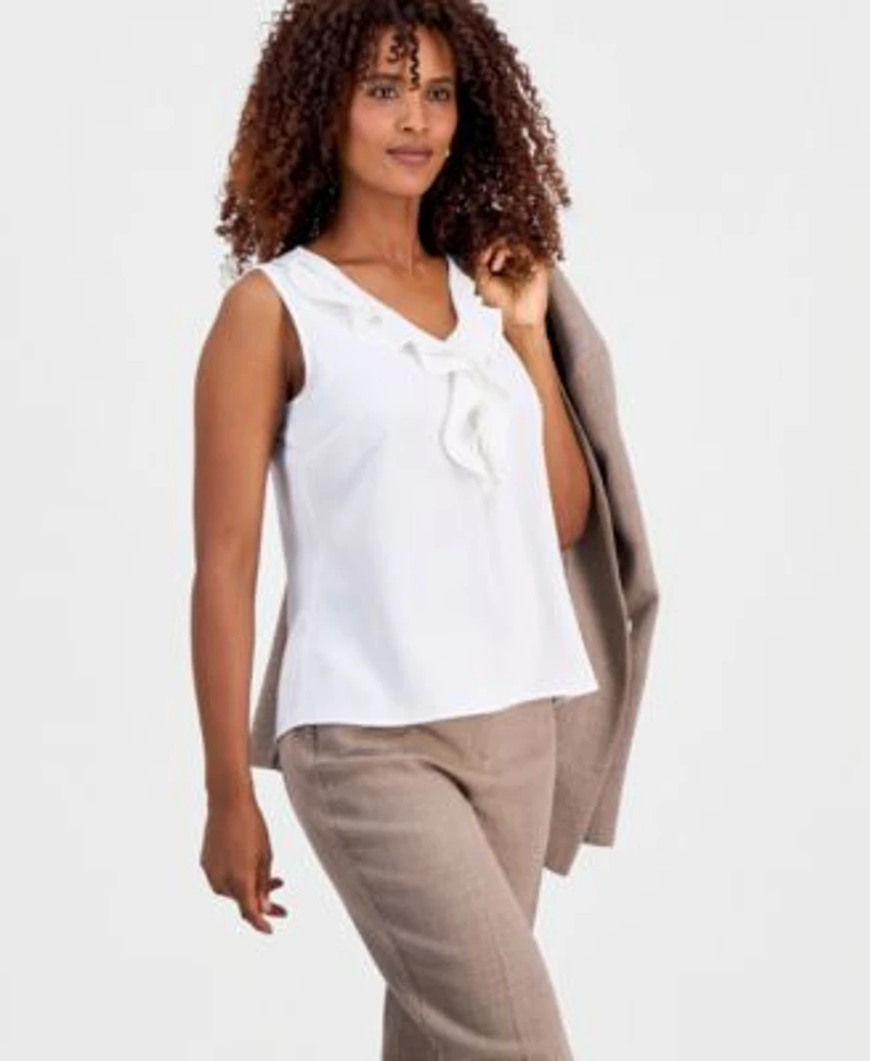 Kasper Womens Collarless Melange Jacket Sleeveless Ruffle Front Blouse Straight Leg Pants