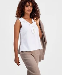 Kasper Womens Collarless Melange Jacket Sleeveless Ruffle Front Blouse Straight Leg Pants