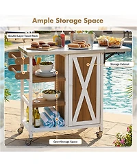 sumyeg Foldable Outdoor Kitchen Island Cart with Lockable Wheels, Storage Cabinet and Towel Rack