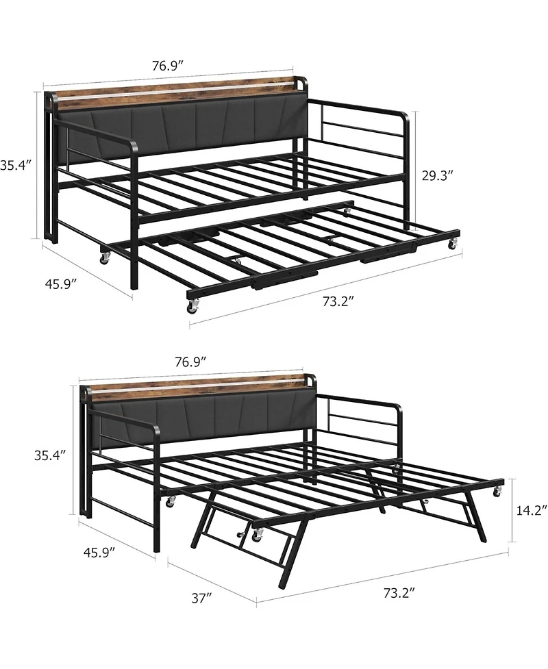 gaomon Twin Daybed with Trundle and Led Lights, Metal Frame with Upholstered Headboard and Charging Station