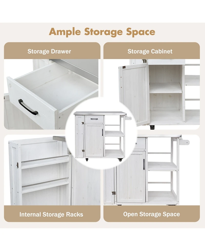 sumyeg Outdoor Kitchen Island Fir Wood Prep Station Cart with Stainless Top, Storage, Towel and Spice Racks