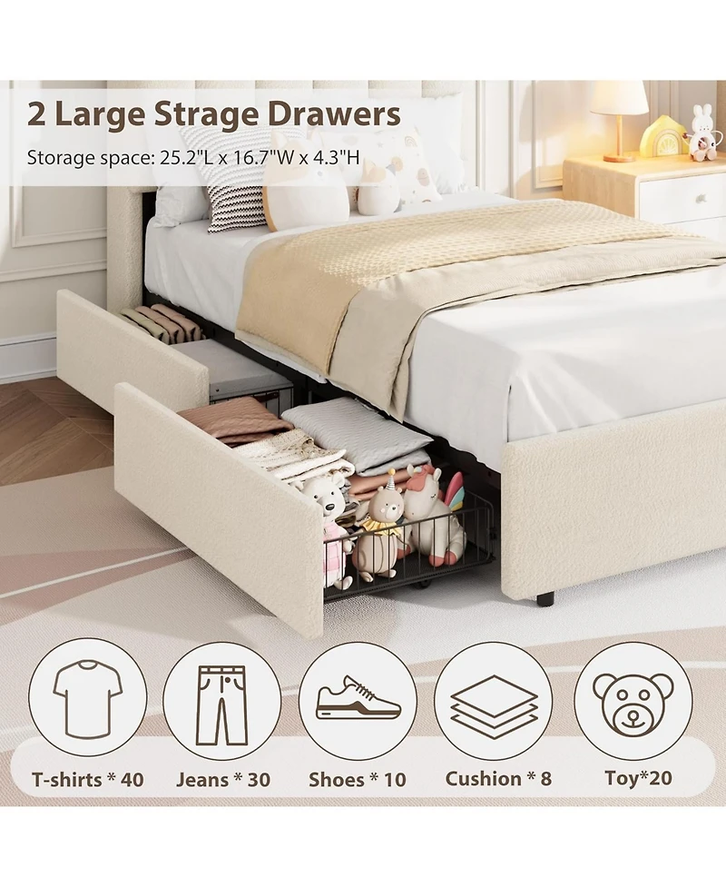 gaomon Twin Boucle Upholstered Bed Frame with Storage Bookcase Headboard and 2 Drawers