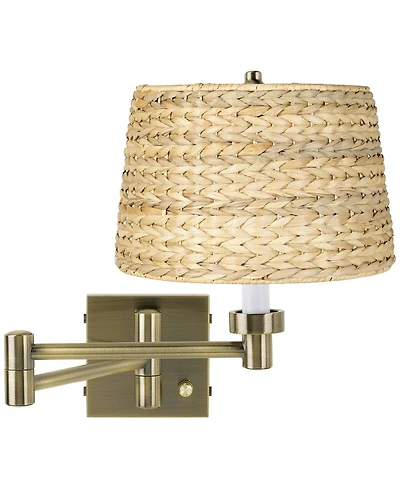 Barnes and Ivy Modern Swing Arm Wall Lamp Plug-In Light Fixture Woven Seagrass Drum Shade Bedroom Bedside Reading