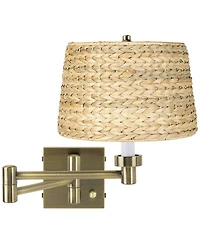 Barnes and Ivy Modern Swing Arm Wall Lamp Plug-In Light Fixture Woven Seagrass Drum Shade Bedroom Bedside Reading