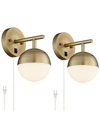 360 Lighting Luna Mid Century Modern Wall Lamps Set of 2 Smart Sockets Brass Plug-In 5 1/2" Fixture Glass for Bedroom Bedside