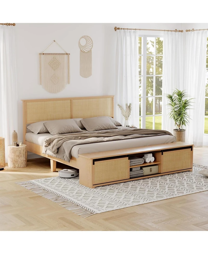 gaomon Rattan King Size Bed Frame with Sliding Barn Door Storage Cabinets and Led Light Headboard, Boho Farmhouse Wood Platform Bed with Solid