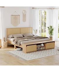 gaomon Rattan King Size Bed Frame with Sliding Barn Door Storage Cabinets and Led Light Headboard, Boho Farmhouse Wood Platform Bed with Solid
