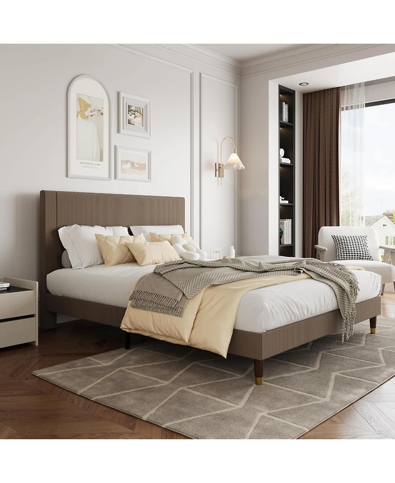 gaomon Queen Upholstered Bed Frame with Headboard, Corduroy Platform with Wood Slats Support