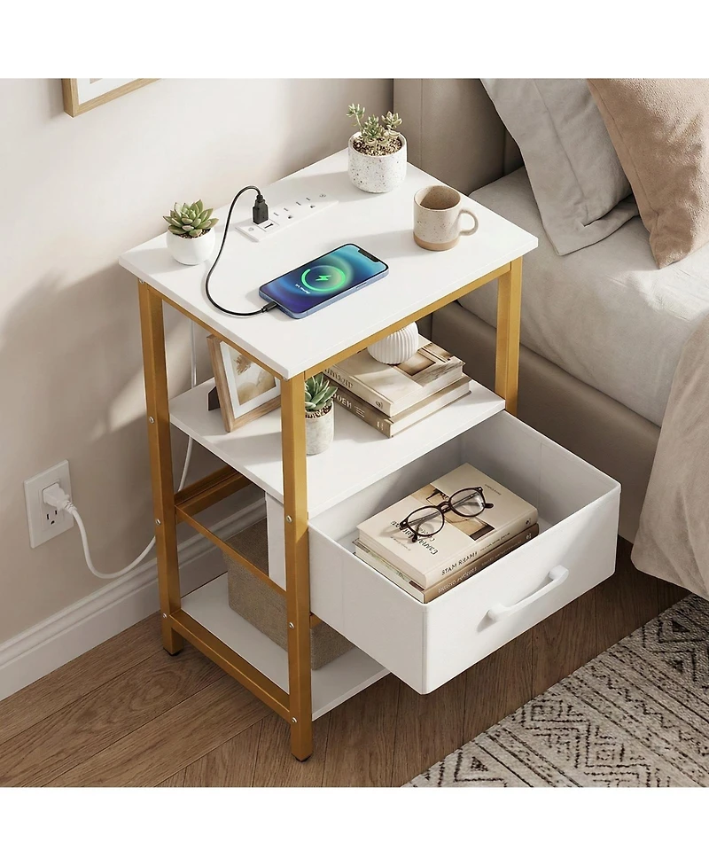 Gouun Nightstand with Built-In Charging Station and Adjustable Fabric Drawer