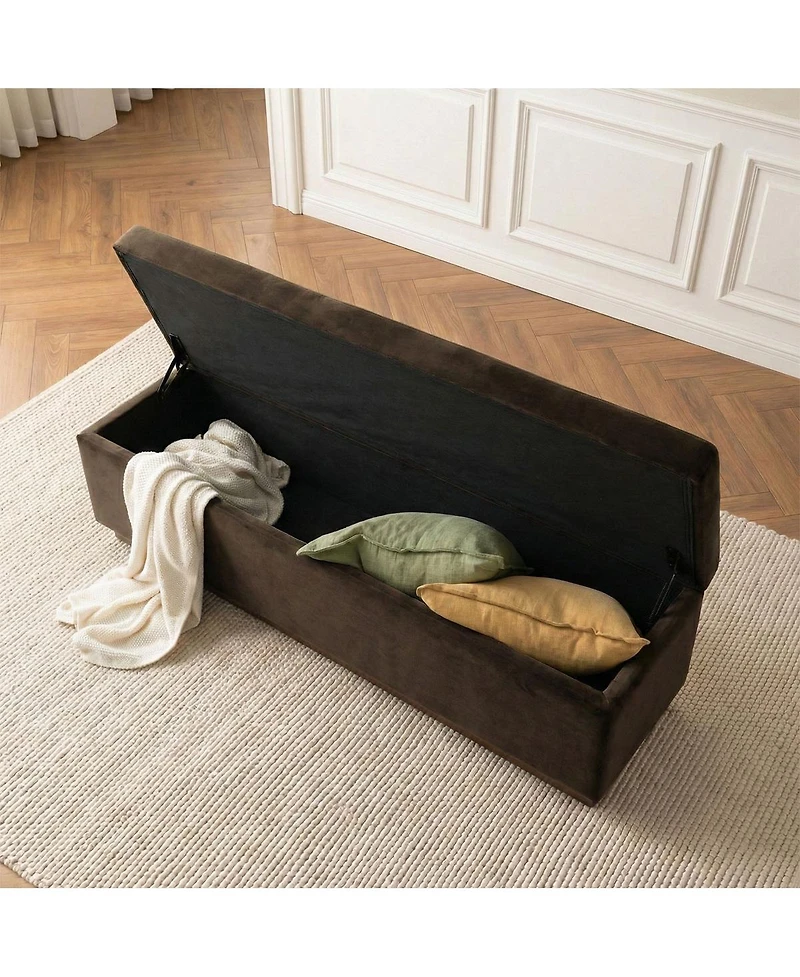 Maison Boucle 60" Velvet Storage Bench Ottoman with Lift-Top and Walnut Base